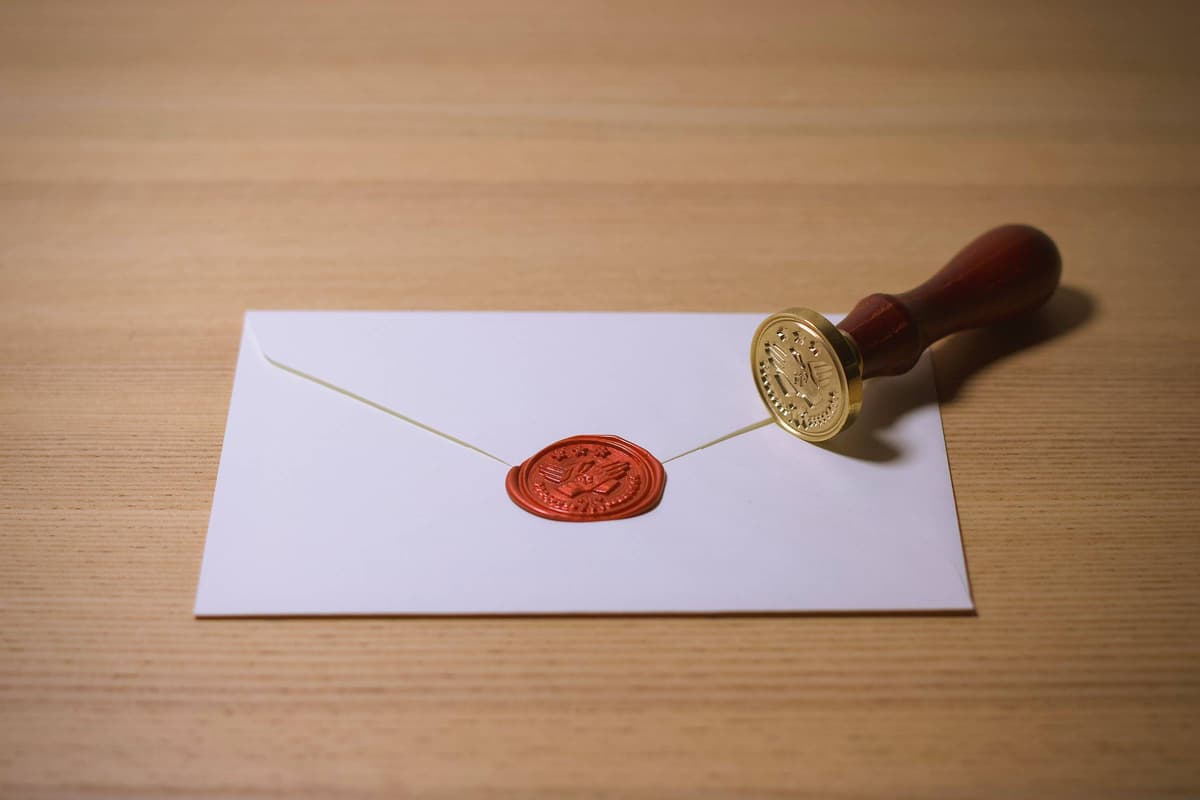A wax seal stamp resting on a white envelope sealed with red wax