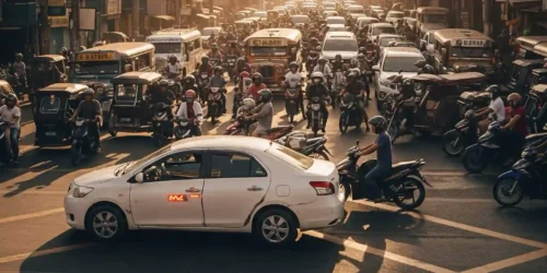 A white sedan blocks a busy intersection filled with motorcycles, cars, and jeepneys during rush hour in a densely populated city.