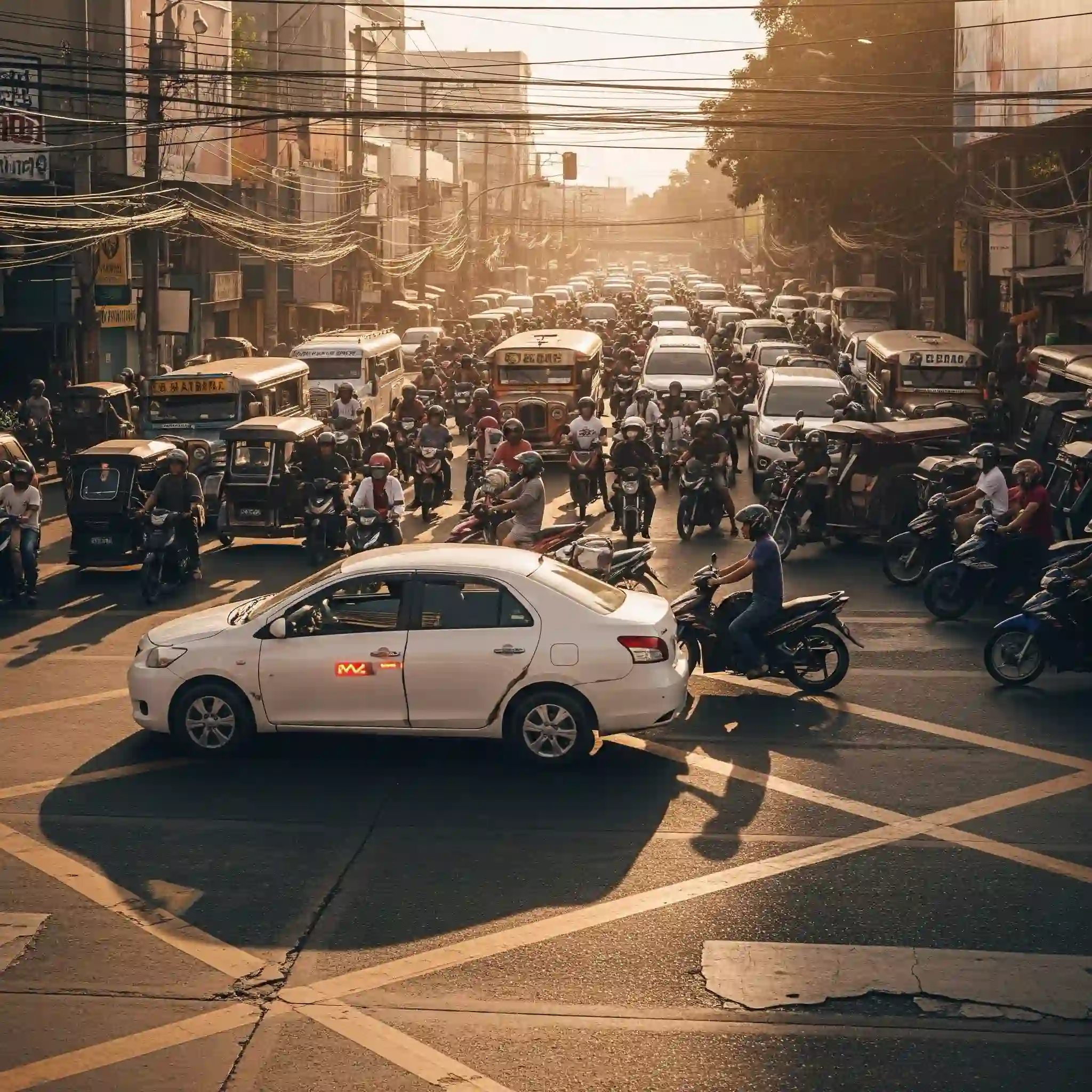 A white sedan blocks a busy intersection filled with motorcycles, cars, and jeepneys during rush hour in a densely populated city.