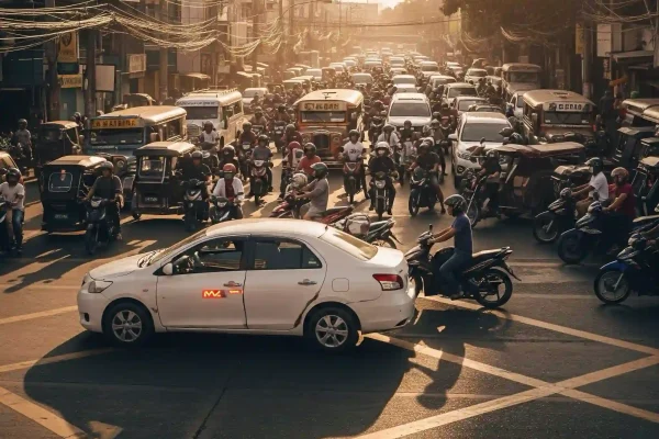 A white sedan blocks a busy intersection filled with motorcycles, cars, and jeepneys during rush hour in a densely populated city.